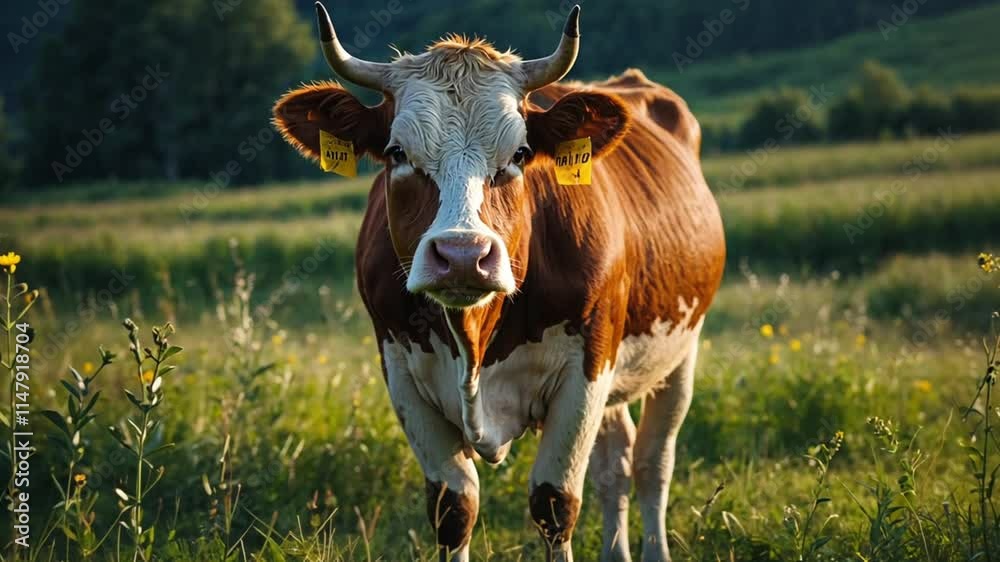 close up of a cow on a mountain background pasture close up of a cow on a mountain background pasture