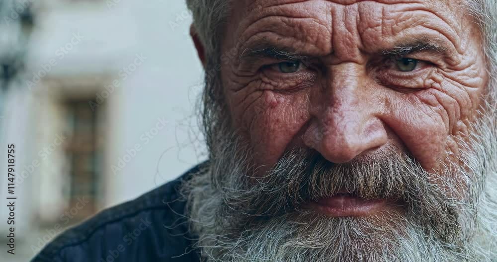 Close-Up Portrait of a Bearded Elderly Man with Intense Gaze and Weathered Features Close-Up Portrait of a Bearded Elderly Man with Intense Gaze and Weathered Features