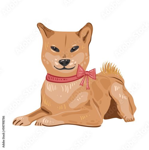 Shiba-inu dog with pink bow sits. Red Japanese dog with a smile. Vector isolated image in a flat style for card or gift. Domestic animal. Detailed flat vector icon.