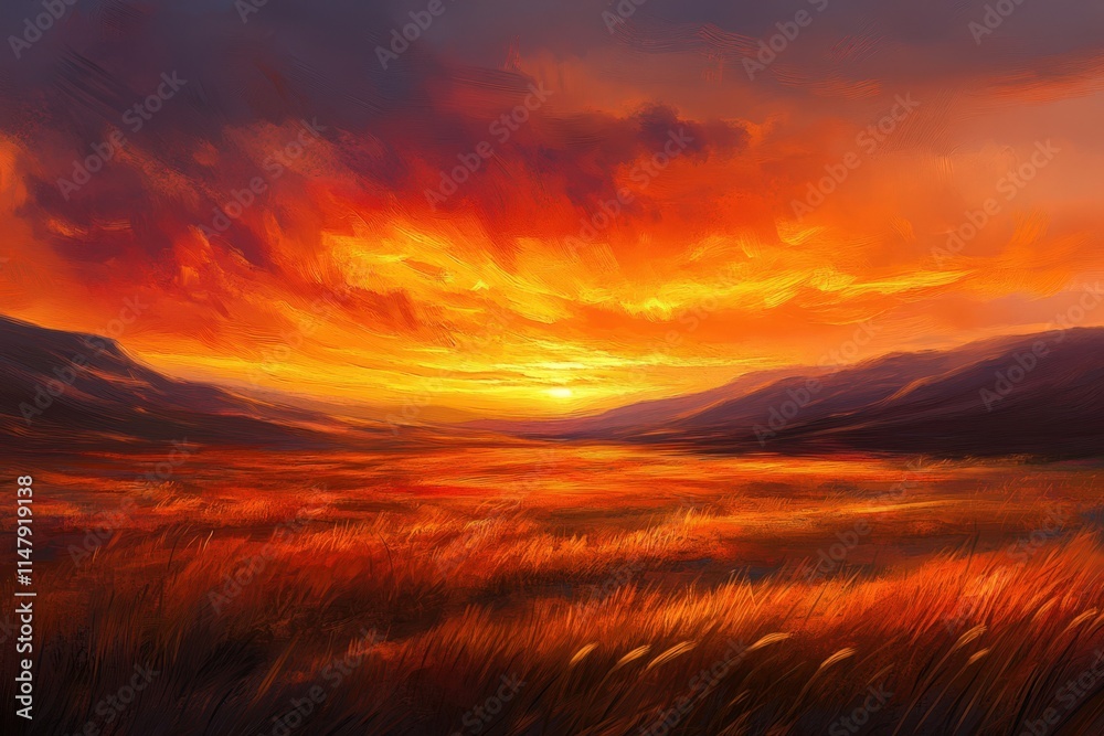 Fototapeta premium Fiery Sunset Over Rolling Hills and Grassland