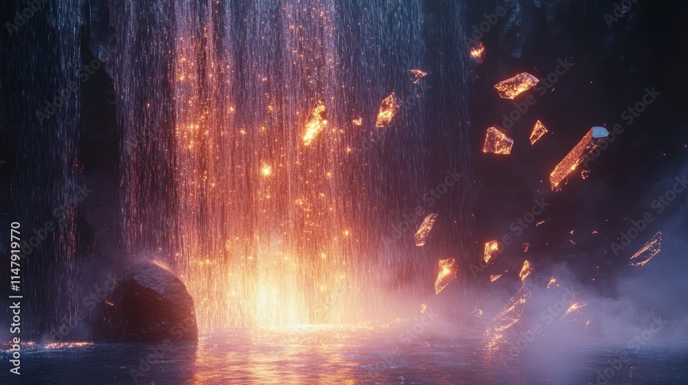 Fototapeta premium Glowing Waterfall Cascading Over Molten Rocks