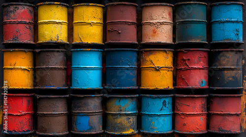 Colorful Oil Barrel Wall, Abstract Industrial Background Texture of  Distressed Metal Drums in Vibrant Hues