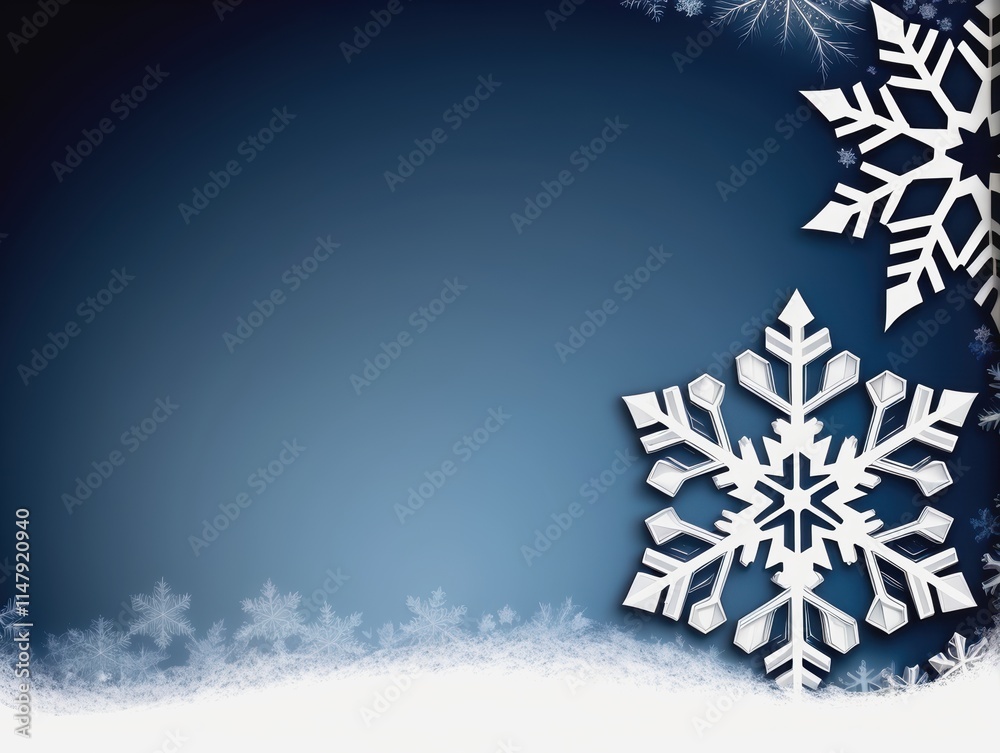 a winter-themed design with a dark blue background that gradually lightens towards the center. On the right side, there are large, intricate white snowflakes, with one prominently displayed a winter-themed design with a dark blue background that gradually lightens towards the center. On the right side, there are large, intricate white snowflakes, with one prominently displayed