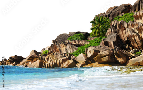 Fototapeta Naklejka Na Ścianę i Meble -  Grande Anse beach in La Digue Island isolated on transparent PNG background, Seychelles.