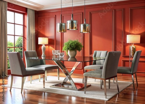 Modern Nickel Dining Set Against Coral   Mahogany Walls - AI Photography