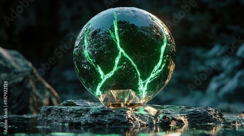 A chromatic metallic orb with glowing green neon veins, floating over a pedestal made of crystal 