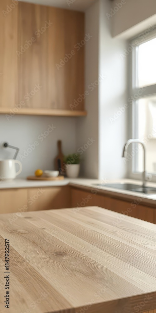 Fototapeta premium Empty light wood tabletop, blurred modern kitchen background, cabinetry, polished, wood grain