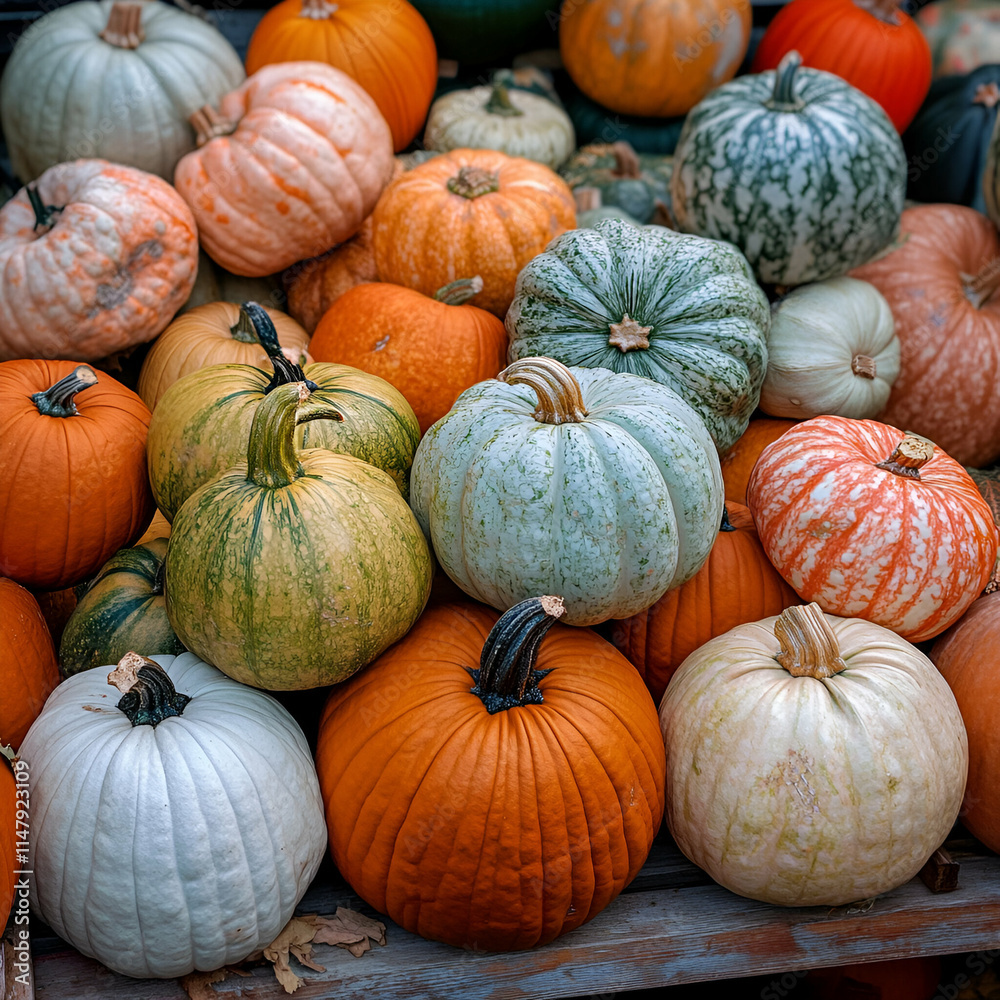 Autumn Harvest, A Colorful Collection of Pumpkins and Gourds Arranged on Rustic Wood Autumn Harvest, A Colorful Collection of Pumpkins and Gourds Arranged on Rustic Wood