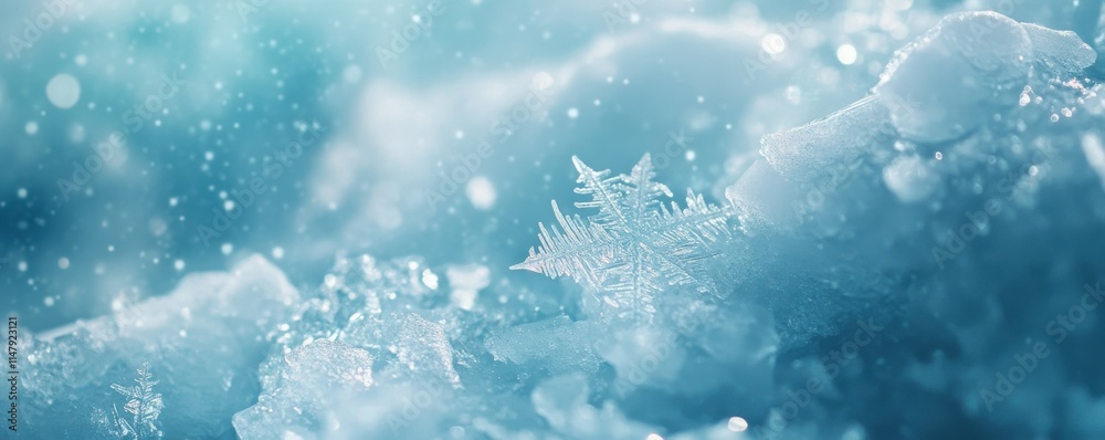 A close-up of snowflakes on fresh, pristine white ice with a light blue background A close-up of snowflakes on fresh, pristine white ice with a light blue background