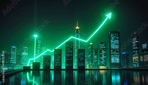 Futuristic city skyline with green growth arrow and financial graph
