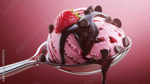 Ice cream ball with chocolat and strowberry sauces or syrup, cookie chips realistic vector illustration. Vanilla sphere scoop sundae or sorbet 3D isolated icons on white background, cold summer milk photo