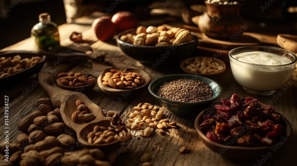 Assorted Nuts Seeds and Dried Fruits Arranged on Wooden Table Assorted Nuts Seeds and Dried Fruits Arranged on Wooden Table