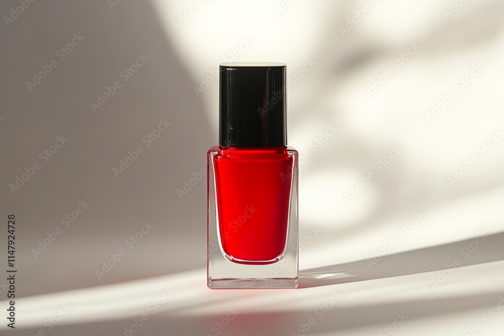 Nail polish bottle in vibrant red, isolated on a white surface for bold contrast. Nail polish bottle in vibrant red, isolated on a white surface for bold contrast.