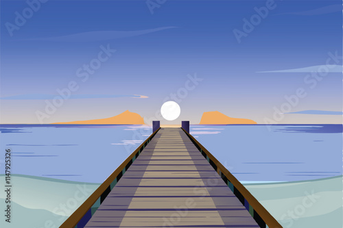 Serene coastal scene wooden boardwalk extending towards a tranquil sandy beach at sunset, gentle waves.