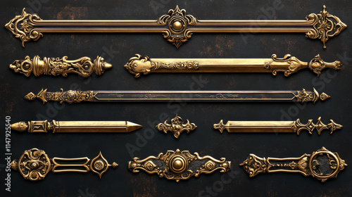 Game ui frames, gold medieval menu elements, buttons or banners with golden ornate rims. Empty royal gui bars for rpg or arcade, glossy borders, web design interface Cartoon 2d vector illustration