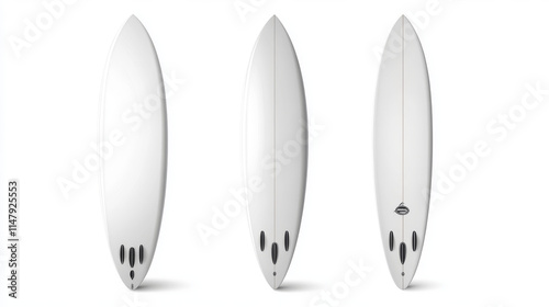 White surfboard front, side and back view. Vector realistic mockup of blank long board for summer beach activity, surfing on sea waves. Leisure sport equipment isolated on white background photo