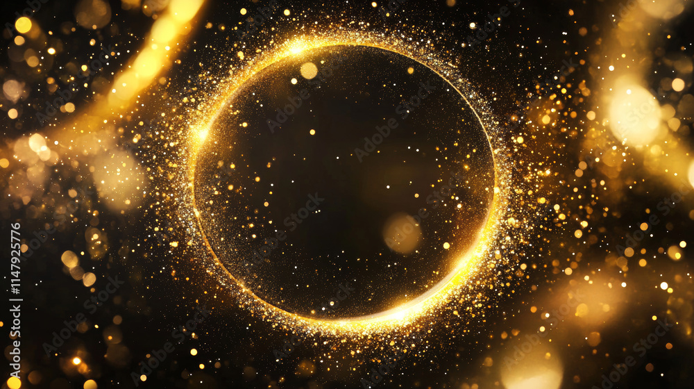 Golden glowing circle frame with glitter sparkle on black background. Realistic vector illustration of neon light round element with gold shiny sparks and reflection. Bright flare glossy ring. Golden glowing circle frame with glitter sparkle on black background. Realistic vector illustration of neon light round element with gold shiny sparks and reflection. Bright flare glossy ring.