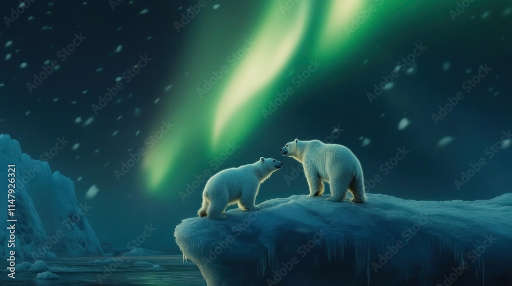 Fototapeta premium Polar Bears on Ice Floe Under Aurora Borealis