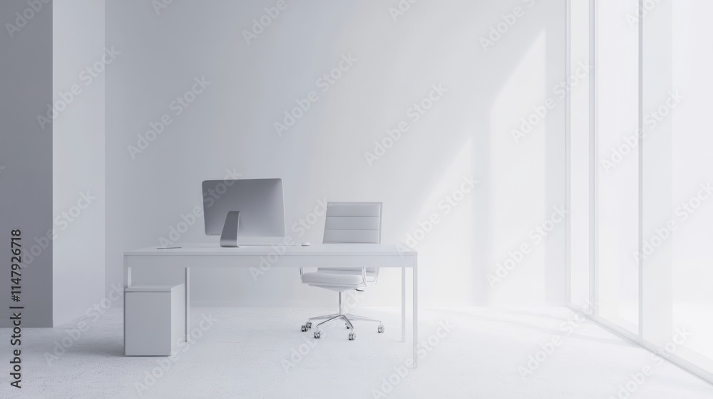 A white office desk with a computer monitor and a chair. The desk is empty. There is a window in the background A white office desk with a computer monitor and a chair. The desk is empty. There is a window in the background