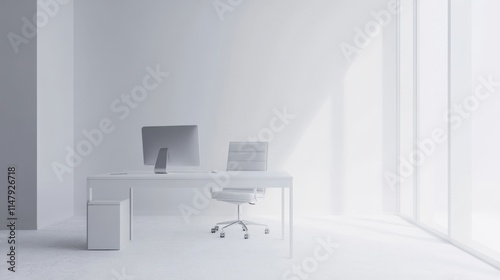 A white office desk with a computer monitor and a chair. The desk is empty. There is a window in the background