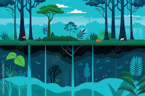 Create a detailed cross-section illustration showcasing the diverse layers and life of a rainforest biome, highlighting its rich biodiversity and complex ecosystem.