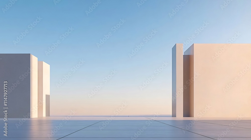 Minimalist architecture, geometric white structures on a flat surface against a clear sky. Minimalist architecture, geometric white structures on a flat surface against a clear sky.