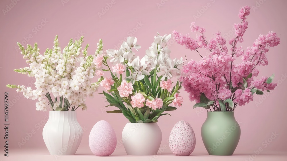 Fototapeta premium Beautiful spring flowers, blooming cherry branches in vases and Easter eggs. Greeting card template, background, backdrop, wallpaper, banner, poster