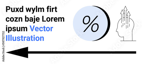 Percentage symbol inside circle, head with three upward arrows, long black arrow pointing left. Ideal for business strategy, growth analytics, data, financial reports, education, infographics