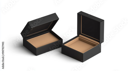 Magnet box 3d mockup, closed and open container for jewelry or gift. Black rigid packages template, paper or cardboard rectangular case isolated on white background, Realistic vector illustration