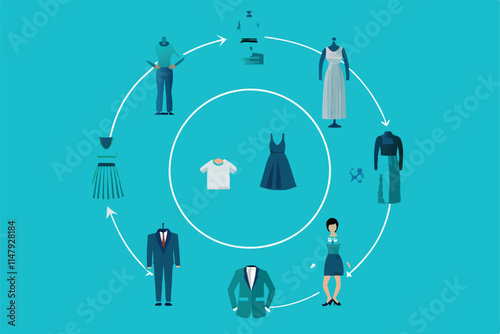 Illustrate a circular fashion economy diagram clothes collection, recycling, upcycling, redesign, resale, and responsible production. Show the continuous flow.