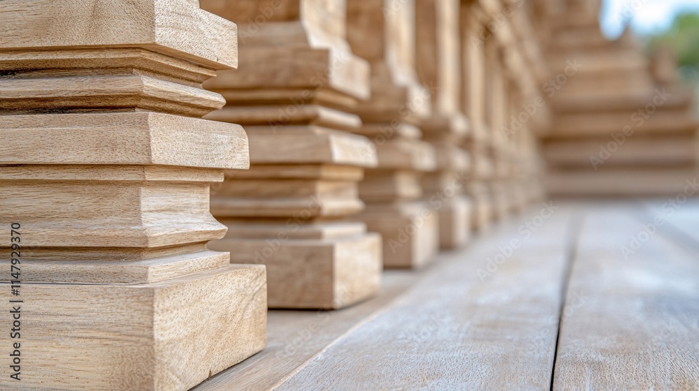 The image features a series of wooden columns, showcasing intricate craftsmanship and a smooth surface, arranged in a pattern along a wooden deck.