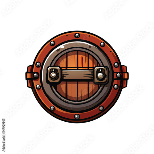 Close-up vector illustration of a ship's hatch cover, showcasing detailed metallic texture and rivets.  Include realistic meta-data elements.