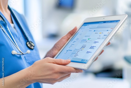 A healthcare professional is using a tablet to access patient data in a clinical setting, showcasing modern technology in medicine.