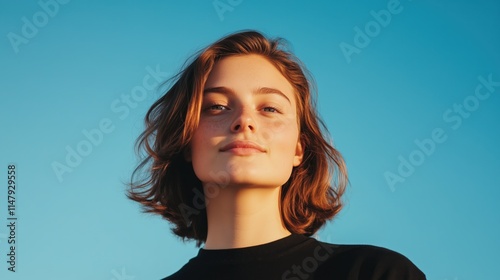 A natural portrait of a young woman with short brown hair and a subtle smile, standing outdoors under a clear blue sky and glowing with warm sunlight