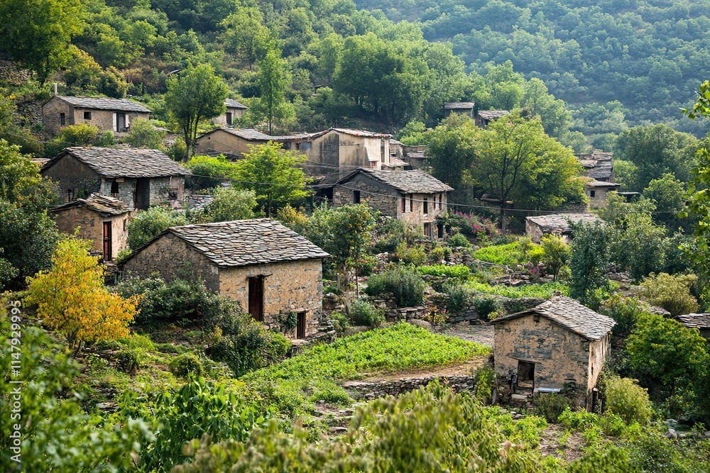 Stone houses nestled in a lush green hillside village. Stone houses nestled in a lush green hillside village.