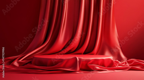Wallpaper Mural Round podium covered with red fabric curtain with folds and wrinkles. Realistic vector illustration of platform or product stand under silk cloth drapery. Presentation display hidden in waved blanket. Torontodigital.ca