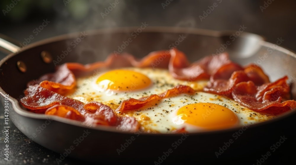 A photorealistic image of a skillet with sizzling eggs and bacon, capturing the texture and aroma of the dish. Great for marketing breakfast items and promoting hearty meal options.