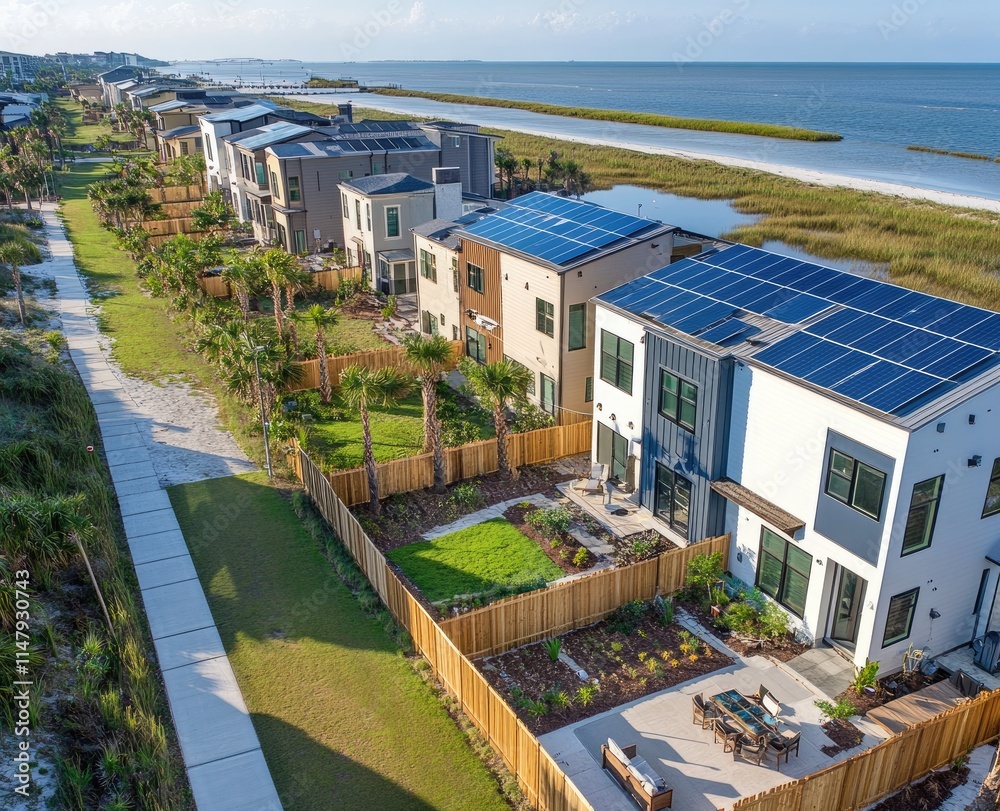 Aerial view of new townhouses with patio and backyard in front, located on the beachfront boardwalks Aerial view of new townhouses with patio and backyard in front, located on the beachfront boardwalks