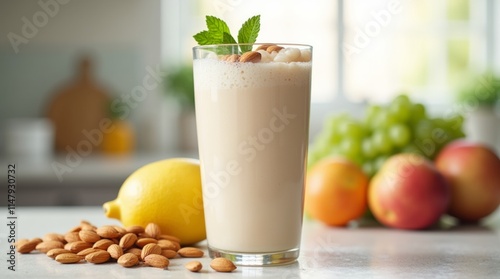 Fototapeta Naklejka Na Ścianę i Meble -  A refreshing image of an almond milk smoothie in a glass, garnished with fresh fruits and nuts, set against a bright kitchen backdrop.