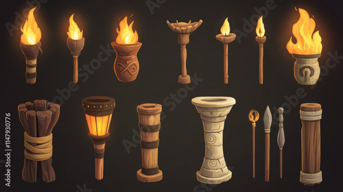 Medieval torch flame. Ancient fire stick cartoon icon for game. Hawaiian flambeau for wall. Viking wood and greek marble burn ceremony flashlight cup element collection. Old history lantern 2d kit