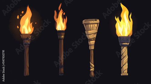 Medieval torch flame. Ancient fire stick cartoon icon for game. Hawaiian flambeau for wall. Viking wood and greek marble burn ceremony flashlight cup element collection. Old history lantern 2d kit