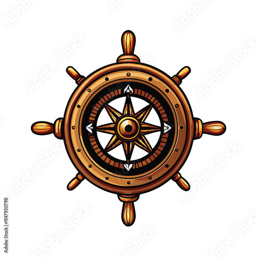 Close-up vector illustration of a ship's compass, mounted on wood, showing intricate detail and weathered texture.  Focus on the needle and cardinal points.