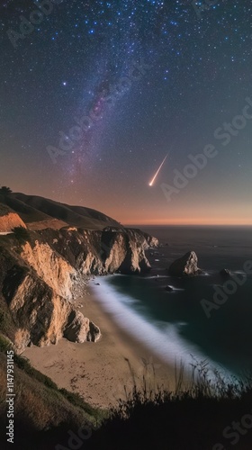 Night Sky Meteor Over Coastal Cliffs and Beach photo