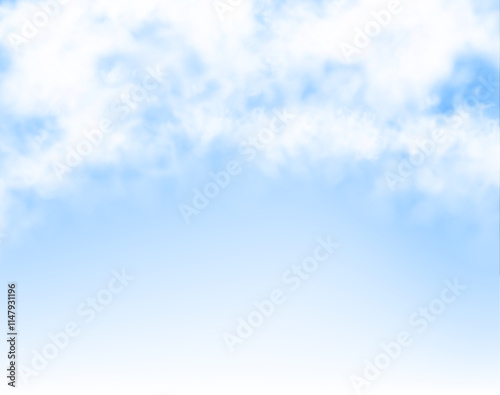 Blue sky with clouds on transparent background in vector PNG format. Cloud, nature sky or food smoke symbol. Weather element or pattern art.