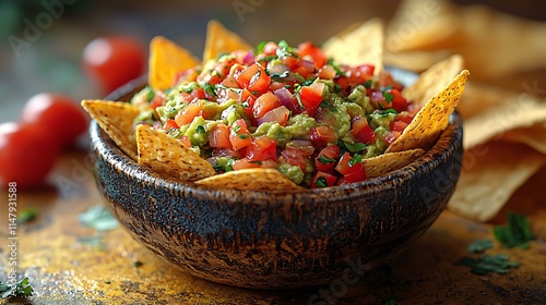 Bowl of creamy guacamole with tortilla chips, masterpiece, ultra realistic, 8k, best quality, isolated on a golden yellow background photo