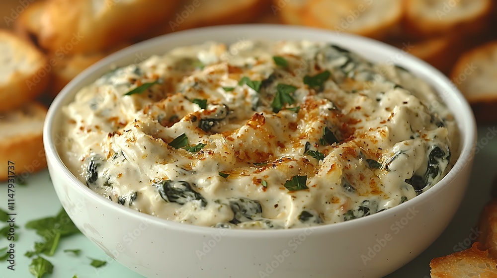 Bowl of creamy spinach dip served with crispy breadsticks, masterpiece, ultra realistic, 8k, best quality, isolated on a mint green background Bowl of creamy spinach dip served with crispy breadsticks, masterpiece, ultra realistic, 8k, best quality, isolated on a mint green background