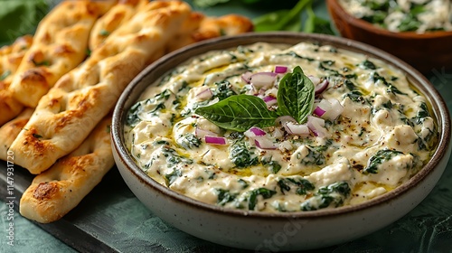 Bowl of creamy spinach dip served with crispy breadsticks, masterpiece, ultra realistic, 8k, best quality, isolated on a mint green background photo