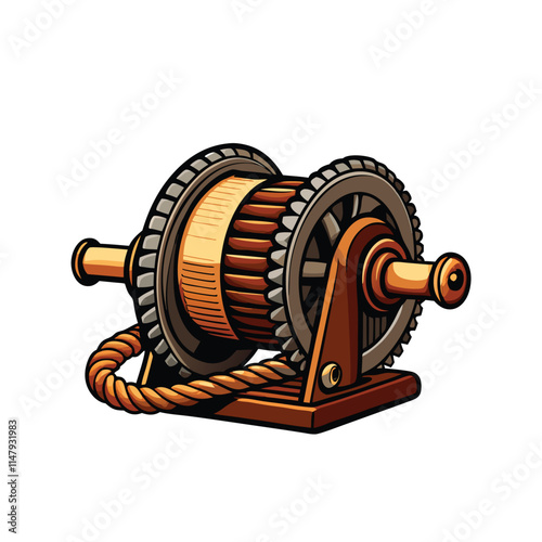 Detailed vector illustration of a ship's winch mechanism, close-up view showcasing intricate gears, cables, and drum.