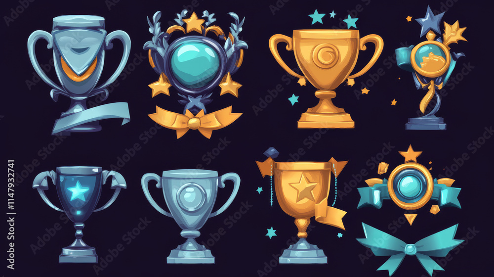 Game award goblet and trophy cup for gui design. Cartoon vector illustration set of silver and golden winner prize with ribbons, wings and star. Championship or competition achievement prize. Game award goblet and trophy cup for gui design. Cartoon vector illustration set of silver and golden winner prize with ribbons, wings and star. Championship or competition achievement prize.