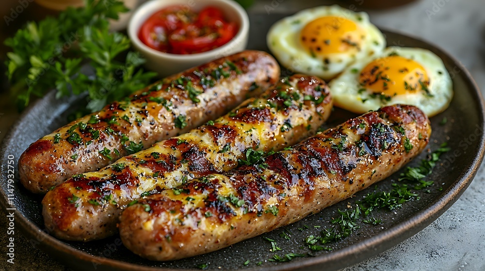 Breakfast platter featuring eggs, bacon, sausage, and hash browns, isolated on a neutral gray background Breakfast platter featuring eggs, bacon, sausage, and hash browns, isolated on a neutral gray background